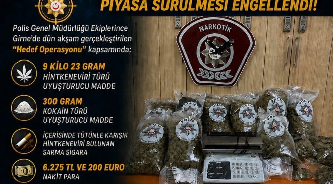 Polisten “Hedef Operasyonu”… Girne’de 9 kilodan fazla uyuşturucu ile nakit para ele geçirildi, iki tutuklu