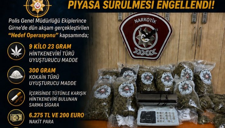 Polisten “Hedef Operasyonu”… Girne’de 9 kilodan fazla uyuşturucu ile nakit para ele geçirildi, iki tutuklu